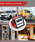 1.5 Inch Aluminum Mechanical Fuel Flow Meter FM-40 Series with four digital readout, displayed with vehicles and fuel stations.