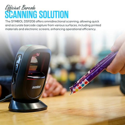 Hands Free 1D 2D Barcode Scanner With USB Cable And Microfiber Cleaning Cloth High Performance Imaging shown scanning a product
