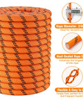 Heavy Duty Arborist Rigging Rope 3/8 In X 100 Ft Double Braided Polyester For Tree Work And Camping, 3500 Lbs Break Strength, Orange close-up