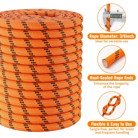 Heavy Duty Arborist Rigging Rope 3/8 In X 100 Ft Double Braided Polyester For Tree Work And Camping, 3500 Lbs Break Strength, Orange close-up