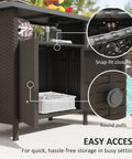 Wicker Outdoor Storage Cabinet With Rattan Bar Table And Two Doors, Open Shelf, 46.6 Gallon Enclosed Storage, showing snap-fit closure and round pulls