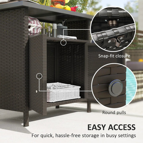 Wicker Outdoor Storage Cabinet With Rattan Bar Table And Two Doors, Open Shelf, 46.6 Gallon Enclosed Storage, showing snap-fit closure and round pulls