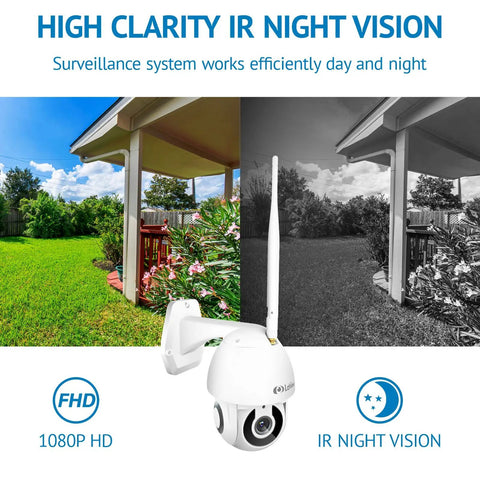 Outdoor Security Camera 1080P HD WiFi With 360 Pan Tilt Night Vision Two Way Audio IP65 Weatherproof showing day and night vision