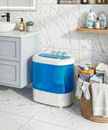 Heavy Duty Mini Compact Washing Machine Twin Tub Top Load Washer Portable Spinning Combo in a bathroom setting.