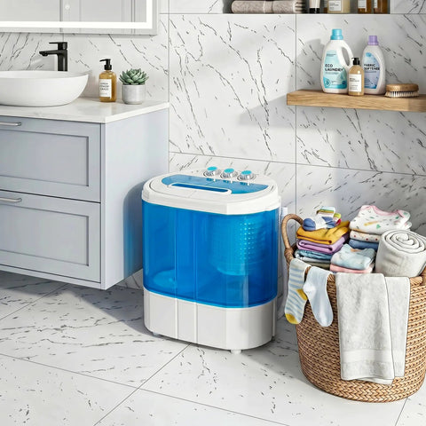 Heavy Duty Mini Compact Washing Machine Twin Tub Top Load Washer Portable Spinning Combo in a bathroom setting.