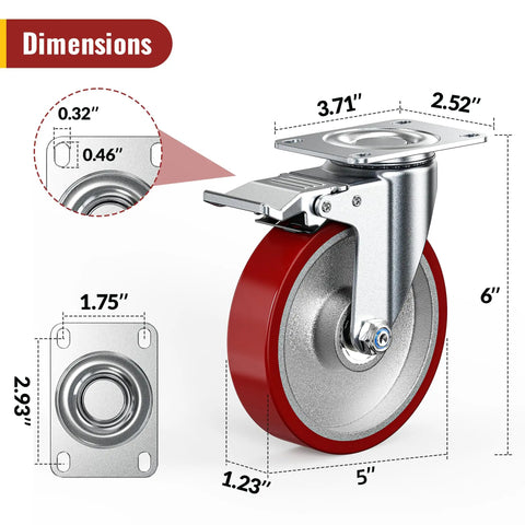Heavy Duty Five Inch Industrial Grade Caster Wheels With Total Locking Brakes Smooth Rolling Set Of Four dimensions with size details