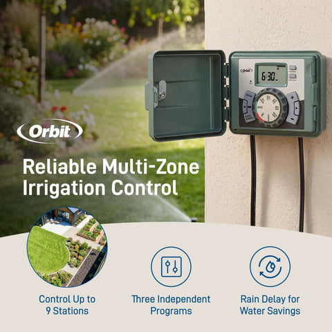 9-Station Outdoor Sprinkler Timer With Indoor And Outdoor Locking Cabinet, shown mounted on wall with open cabinet