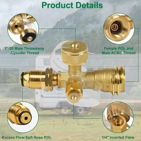 RV Propane Kit With 4 Port Brass Tee, Plug And Play; multiple brass thread types, suitable for motorhomes and camping use.