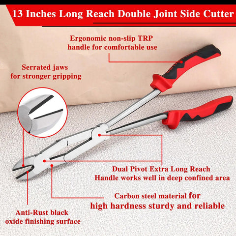 Extra Long Reach Wire Cutting Pliers With Double Joint Diagonal Cutters For Tight Spaces, 305mm carbon steel with TPR handles