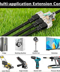 Heavy Duty Outdoor Tri Tap Extension Cord 1.5 Foot 12 Gauge 3 Conductor With Circuit Breaker Indicator Light in grass.