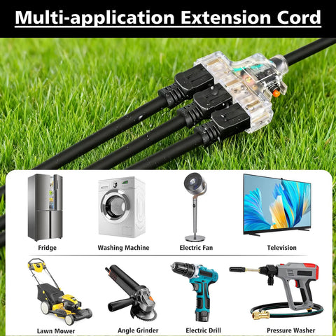Heavy Duty Outdoor Tri Tap Extension Cord 1.5 Foot 12 Gauge 3 Conductor With Circuit Breaker Indicator Light in grass.