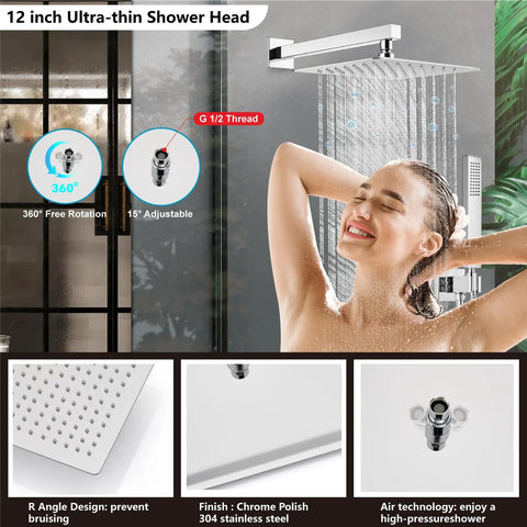 Wall Mount Shower System With Square Rain Shower Head And Hand Sprayer 12 Inch Polished Chrome Finish Rough In Valve Body And Trim Kit Included