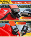 Slick Battery Powered Fuel Transfer Pump With Auto Stop Sensor For Spill Free Gas Moving, Hands Free Safety Valve Cuts Flow On Full Tanks, Dang Handy Design And Zero Drip Nonsense showing battery and DC power input.