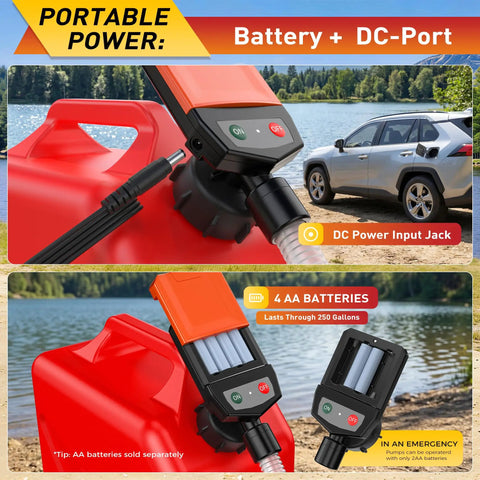 Slick Battery Powered Fuel Transfer Pump With Auto Stop Sensor For Spill Free Gas Moving, Hands Free Safety Valve Cuts Flow On Full Tanks, Dang Handy Design And Zero Drip Nonsense showing battery and DC power input.