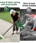 Woman using Heavy Duty Flat Shovel Scraper With 59 Inch Handle For All In One Yard Cleanup to remove weeds on sidewalk