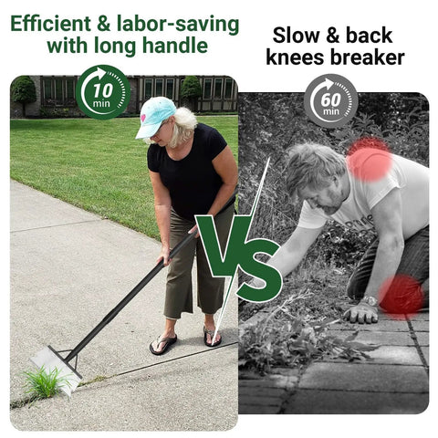 Woman using Heavy Duty Flat Shovel Scraper With 59 Inch Handle For All In One Yard Cleanup to remove weeds on sidewalk