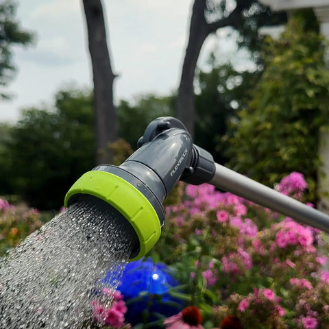 Garden Nozzle With 28 Inch Watering Wand, 3 Pattern Adjustable Sprays Jet Mist Shower in use over flowers