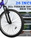 Close-up of 26 inch wheel with anti-skid tire on All Terrain Mountain Hybrid Bike With 26 Inch Steel Frame 7 Speed MTB Bicycle Front Suspension Fork Adjustable For Men And Women Dope Trail Grip Durable Tires Purple