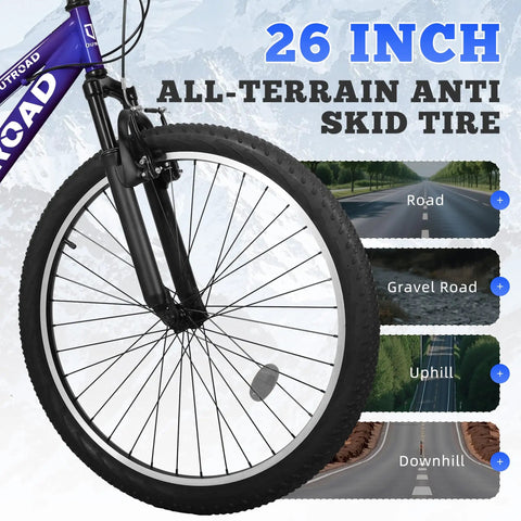 Close-up of 26 inch wheel with anti-skid tire on All Terrain Mountain Hybrid Bike With 26 Inch Steel Frame 7 Speed MTB Bicycle Front Suspension Fork Adjustable For Men And Women Dope Trail Grip Durable Tires Purple