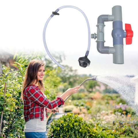 Grower Friendly Fertilization And Irrigation System With Tube Connectors And Stainless Mesh Filter used in a lush garden.