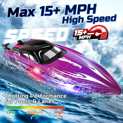 Fast Remote Control Boat For Adults With LED Lights And Self Righting, 15 MPH Racing RC Boat With 3 Speed Modes, Purple WF17 on water