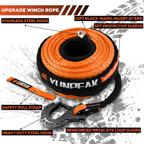 Heavy Duty Synthetic Winch Rope Kit 1/4 Inch By 50 Ft With 10000 Lbs Break Strength Includes Protective Sleeve Forged Hook