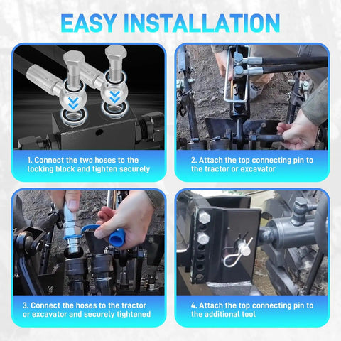 Installation guide for Hydraulic Top Link Class 1, Adjustable 18-1/8 To 26-3/8 Inches For Cat 1 Tractors with connecting hoses and pins.
