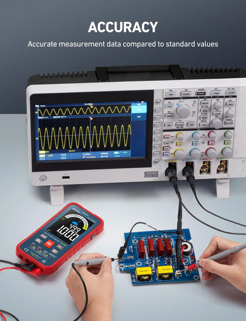 Auto Ranging Digital Multimeter With 10000 Counts TRMS Color LCD Screen used to test circuit board accuracy.