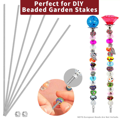 Six Pack 8-32 Inch M4 Stainless Steel Threaded Rods And Hex Nuts For DIY Crafts And Fairy Garden Stakes Pro Grade Tough High Strength And Corrosion Resistance Includes Six Rods And Six Nuts, beaded garden stakes display