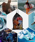 Oversized 17 By 28 Quick Dry Mesh Diving Bags 3 Pack in use for travel, laundry, beach, gym, and snorkeling gear.