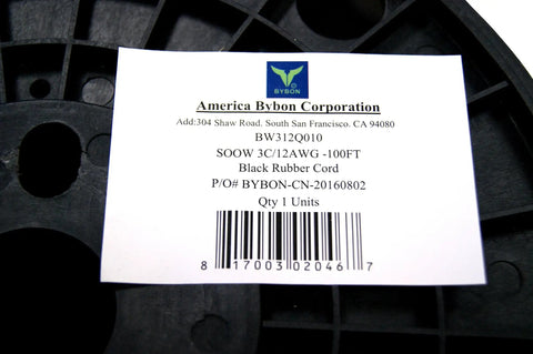 Label of Heavy Duty 100 Ft 12 Gauge 3 Conductor SOOW Rubber Cord on a spool, indicating black rubber material and 100FT length.