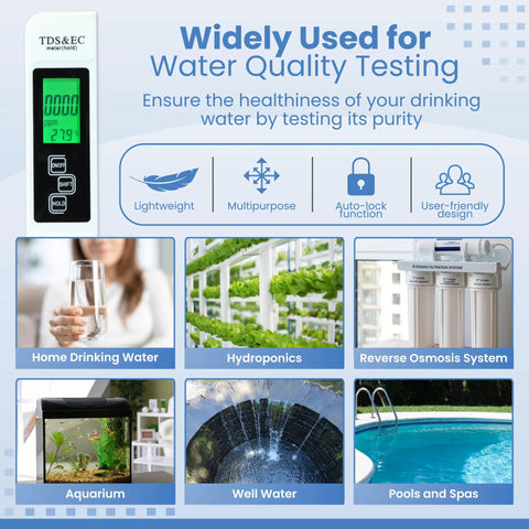 4 In 1 TDS Meter Digital Water Tester With EC And Temperature Readout 0 To 9990 Parts Per Million in use for various water testing.