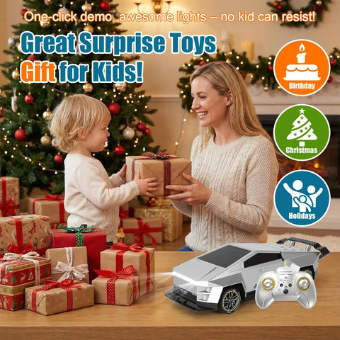 Mother and child exchanging Christmas gifts with Rad All Terrain Cyber RC Truck With Two Point Four Gigahertz Radio And One Touch Demo shown