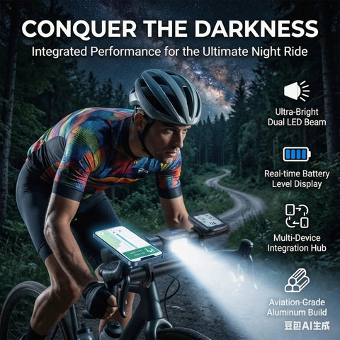 Cyclist using Beefy 800 Lumen USB Rechargeable Bike Headlight With 9.05 Inch Aluminum Handlebar Extender at night