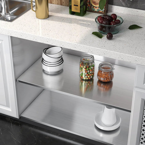 Kitchen shelves covered with Brushed Nickel Peel And Stick Stainless Steel Contact Paper For Appliances And Cabinets Kitchen DIY Wrap Cover Adhesive Decorative Film 15.8 X 78.8 Inch Removable Waterproof Oil Proof Scratch Resistant No Mess Easy To Install