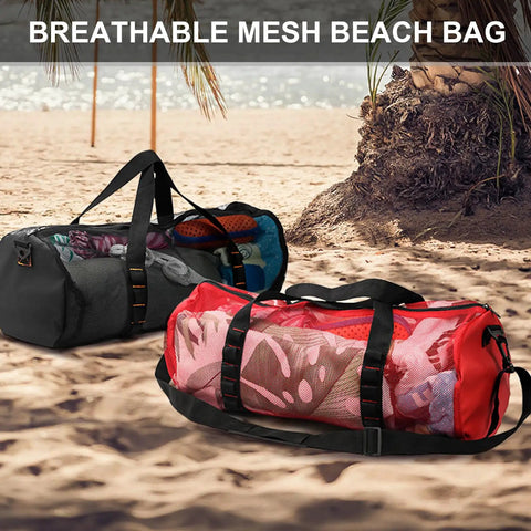 Large Capacity Mesh Gear Duffel Bag For Diving And Snorkeling Equipment Tear Resistant Nylon Travel Gym Duffel in red on beach