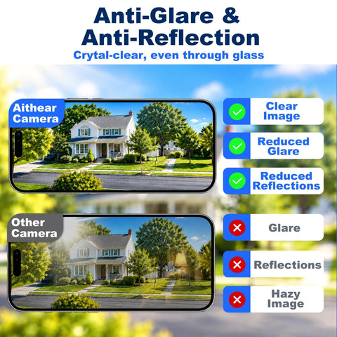 Comparison of No Drills Necessary Two Pack 2K Window Security Cameras showing clear images against glare and reflections.