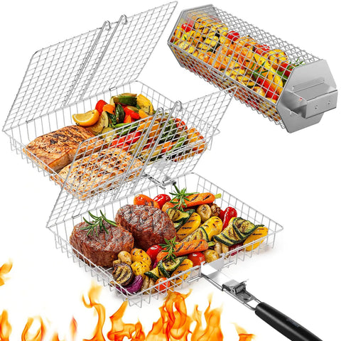 Three Piece Grill Basket Set with Removable Handles Stainless Steel Grilling Baskets for Vegetables Fish Shrimp and Meats