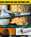 Close-up of Saker grease gun coupler with spring-loaded lever, metal finish, 14mm size.
