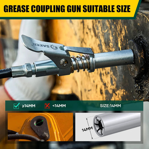 Close-up of Saker grease gun coupler with spring-loaded lever, metal finish, 14mm size.
