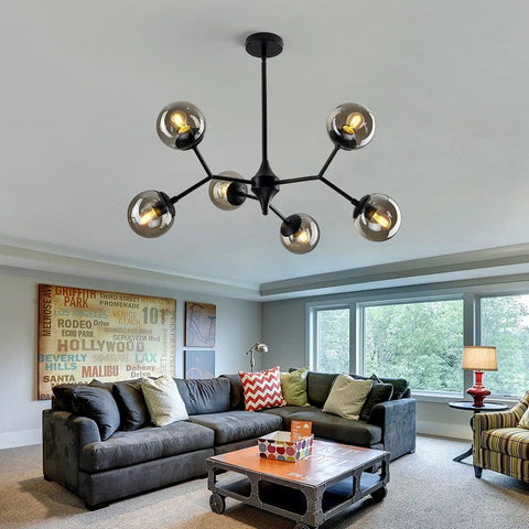 6 Light Rustic Vintage Chandelier With Glass Globes Black Mid Century Pendant Lighting for Living Room, Ceiling Fixture