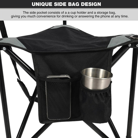 Side bag of 2 Pack Go-To Folding Tripod Camping Chairs with Backrest, showing cup holder and storage pocket.