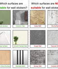 Image showing suitable and unsuitable surfaces for Classic Countryside Landscape Peel And Stick Wallpaper installations.