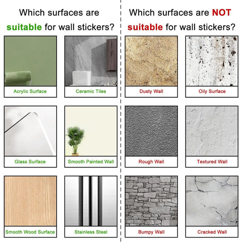 Image showing suitable and unsuitable surfaces for Classic Countryside Landscape Peel And Stick Wallpaper installations.