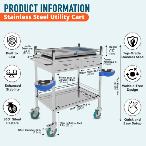 Improved Medical Stainless Steel Two Tier Rolling Cart With Wheels And Drawers For Dental Clinic Hospital Nursing Trolley
