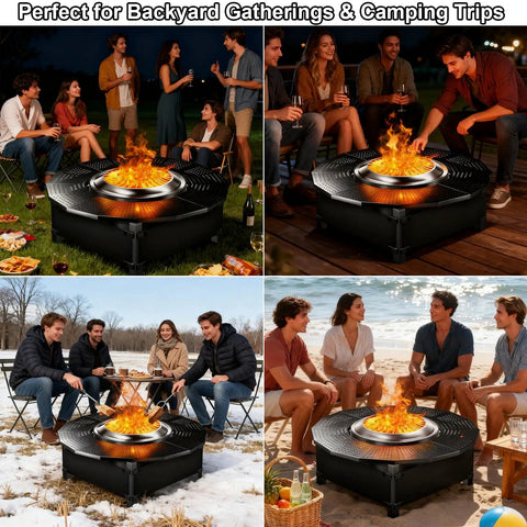 Group enjoying 40 Inch Adjustable Fire Pit Surround Tabletop For Bonfire And Ranger Stoves with cocktails