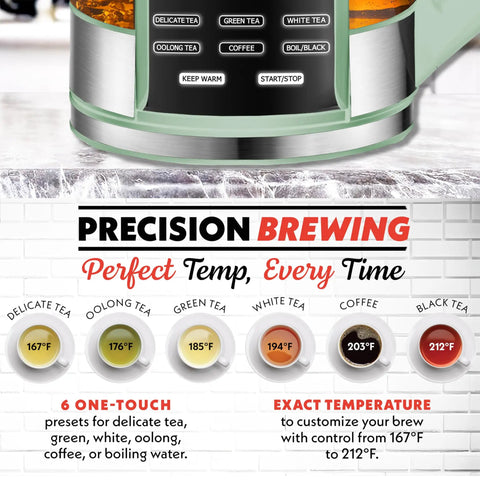 Electric Glass Kettle With 1.7L Capacity, Programmable Tea And Coffee Brewer, 6 Easy To Use Presets, Digital Touch Display, Green