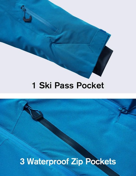 Close-up of Men's Pro Ski Jacket With 15K Waterproof And 10K Breathable Fabric, showing ski pass and waterproof zip pockets.