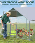 Farmer feeding chickens in spacious outdoor metal chicken coop run with waterproof UV cover double lockable doors for 10 to 30 chickens.