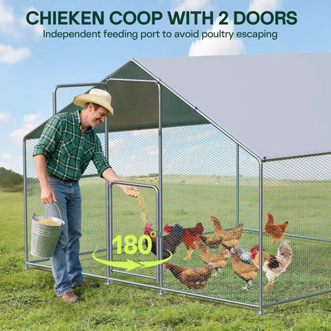 Farmer feeding chickens in spacious outdoor metal chicken coop run with waterproof UV cover double lockable doors for 10 to 30 chickens.